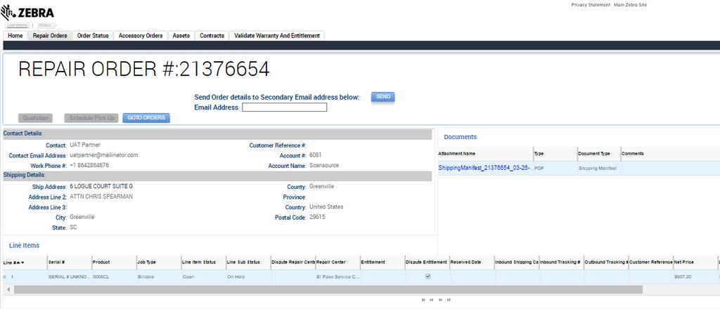 Viewing the Repair Order Details: Overview Once a repair order is submitted, it is saved in the Order Status tab.