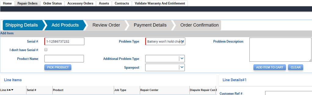 Creating a Repair Order (Continued) The Add Products sub-tab is now displayed.