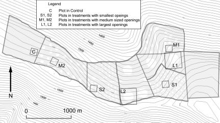 Fig. 1. Study area, treatment boundaries, snow plot locations, and 10-metre contour intervals.