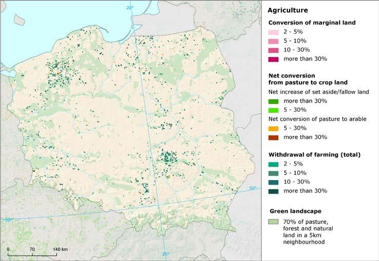 Agriculture () Agricultural land consumption, internal intensification In contrast to other land cover flows in Poland, the development of agricultural land is in major decline, with significantly