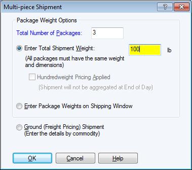 On the ribbon click Multi-piece Shipment to create a Multi-piece shipment. 2. In the Multi-piece Shipment window: Enter the Total Number of Packages.