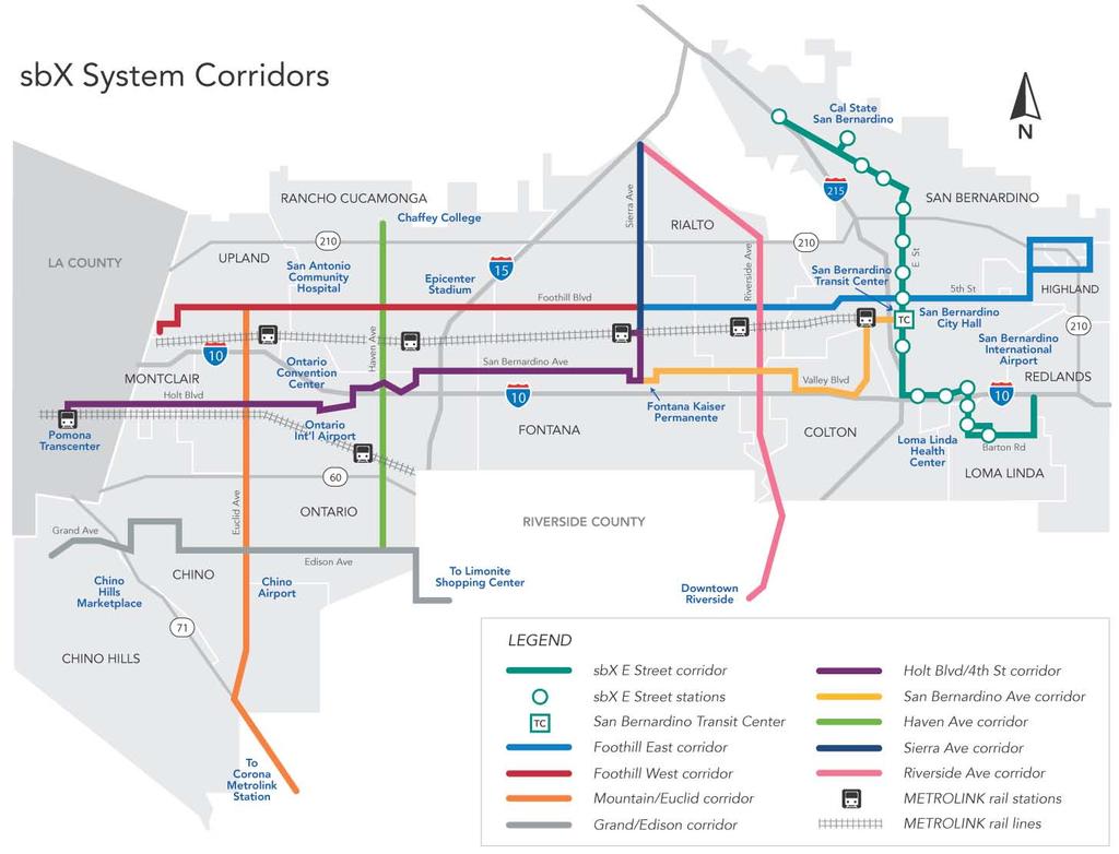 The sbx Green Line is the first of 10 sbx corridors identified in the Omnitrans 2010 System-Wide Plan as depicted in Figure 2-6, and planned for implementation in the San Bernardino Valley.