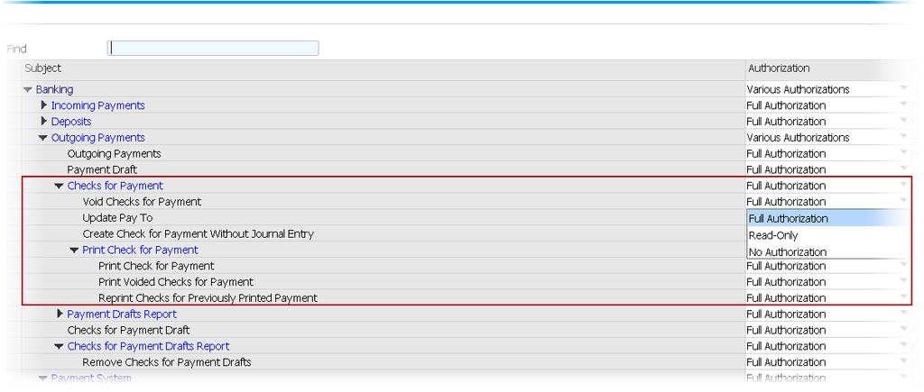 Checks for Payment - Authorization New authorizations added for better control over checks for payment.