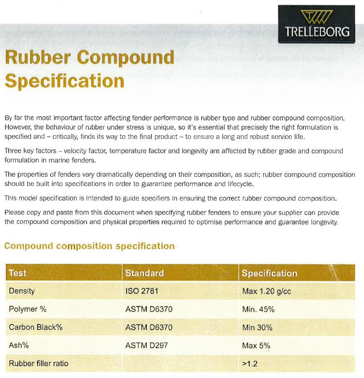 Rubber Sample Analysis All fenders specified as Trelleborg fenders or equivalent Recommended specifications regarding rubber was discussed but not implemented due to commercial issues Contractor