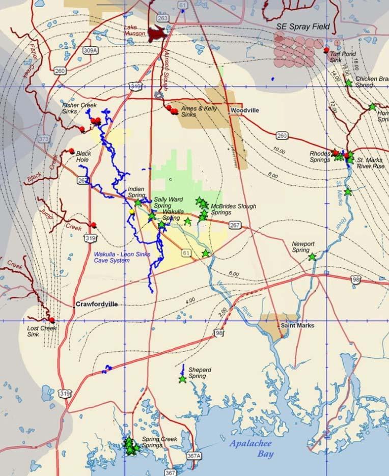 Wakulla Area Hydrgelgy KARST CONDUITS >1 mile/day >1 mile/day ~1/2 mile/day ~1000 ft/day ~1000 ft/day Western Wdville Karst Plain Flw is fast in caves and in surrunding aquifer (caves t small t map)