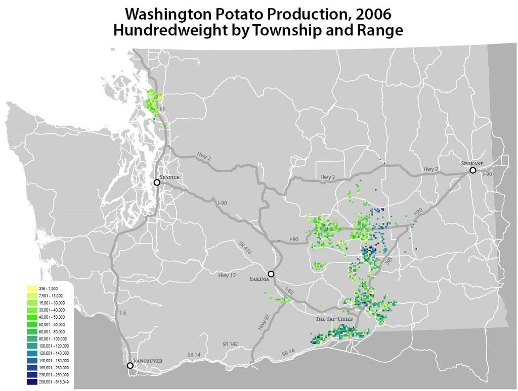 potato production in 2006 by township by hundredweight as shown in Figure 3.3. This figure shows that there were two primary potato farming locations in the state the Lower Basin and the Skagit Valley.