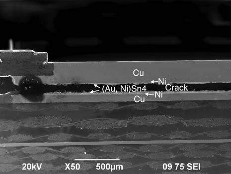 Figure 9. SEM image of the solder joint between the central pad of TOPS component and a thick Au board. Thermal aging time It is useful to know how long is enough for thermal aging.
