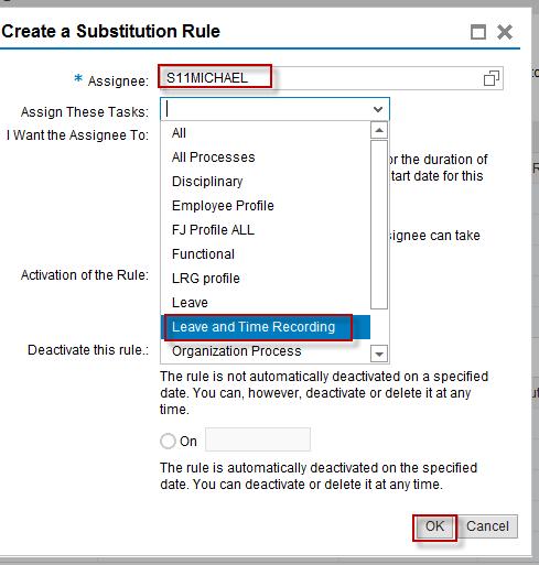 In the Create a Substitution Rule window a new entry Leave and Time Recording