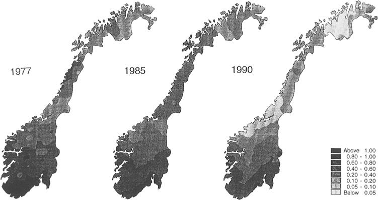 14 TORUNN BERG ETAL. Figure 1. Concentrations of Pb (/,g/g) in moss collected in 1977, 1980, and 1990. Figure 2. Concentrations of Cd (/~g/g) in moss collected in 1977, 1980, and 1990.