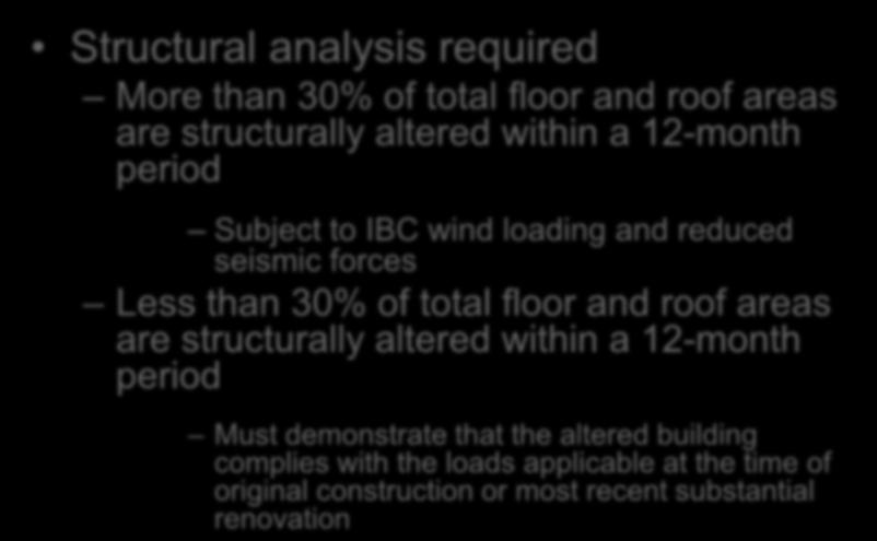 Level 3 Alteration Chapter 8 Structural analysis required More than 30% of total floor and roof areas are structurally altered within a 12-month period Subject to IBC wind loading and reduced seismic