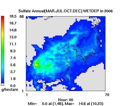 Annual averaged dry deposition of sulfate and nitrate aerosols in 2006