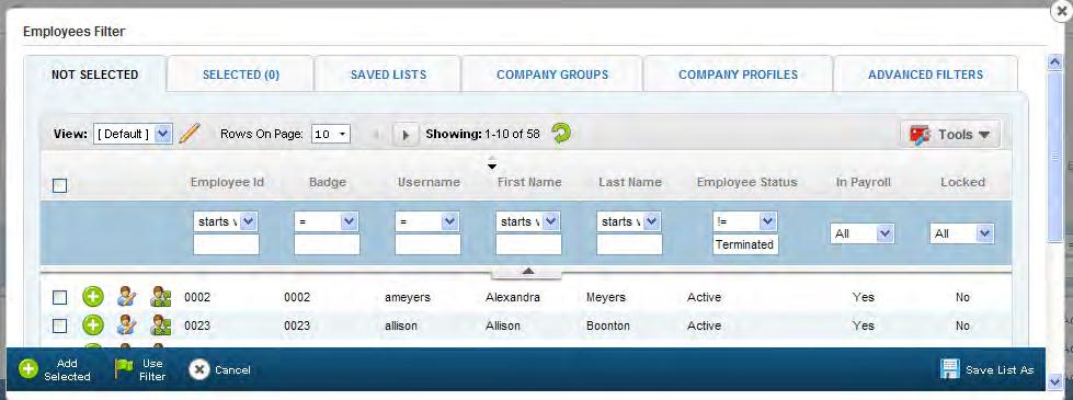 - Not Selected - shows all available employees. You can click on the boxes to individually select employees to include in the report. Click - Selected - shows selected employees.