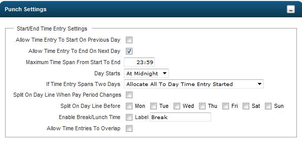 Punch Settings 1. Allow Time Entry to Start on Previous Day - enables the display of the In Date column on the timesheet, allowing you to edit the day when the employee s punch is allocated to. 2.