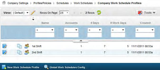 To set up employee schedule cycles: 1. Select Manage Time > Scheduling > Set Up Schedules > Work Schedule. - Click on the button to open the Edit Work Schedule Profile screen.