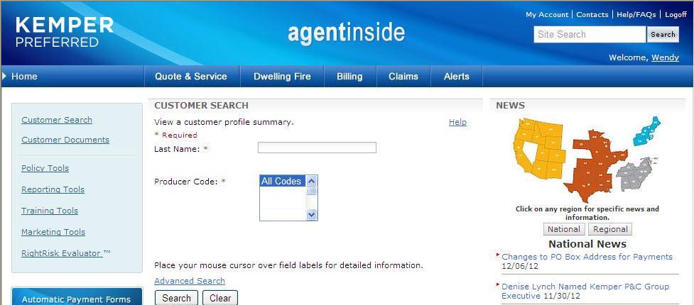 Agent Inside Customer Documents Search, View, Print or Export Listing of Customer Documents Use a
