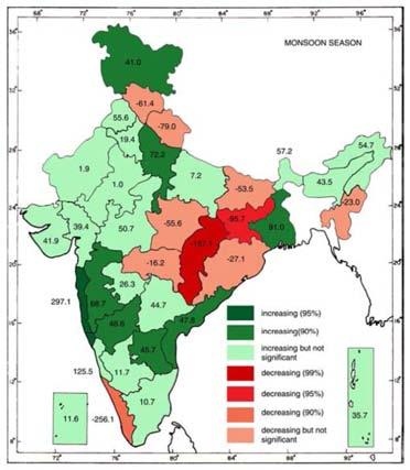 Significant decreasing trend of monsoon season rainfall noticed in the eastern part of India, Kerala, HP and Uttarakhand Significant increase has been