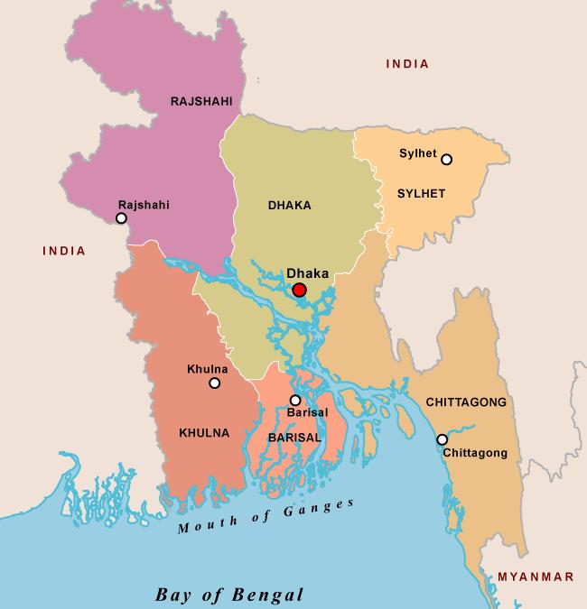 Figure 14: Map of Bangladesh with the major shrimp aquaculture division of Khulna indicated with a circle and the 2014 leading division for wild harvest, Chittagong, indicated with a square.