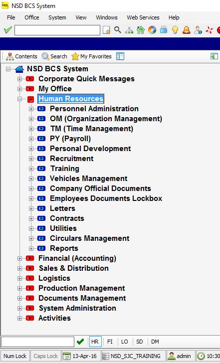 NSD ERP System Human Resources Application (System) Screens Personnel Administration: Employees File (Data) Organization management: Company Structure (data and graphic) Time Management Payroll and