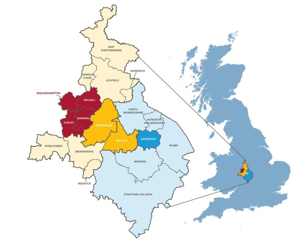 The West Midlands Geography This governance review covers the seven local authority areas of Birmingham, Coventry, Dudley, Sandwell, Solihull, Walsall and Wolverhampton ( the West Midlands ).