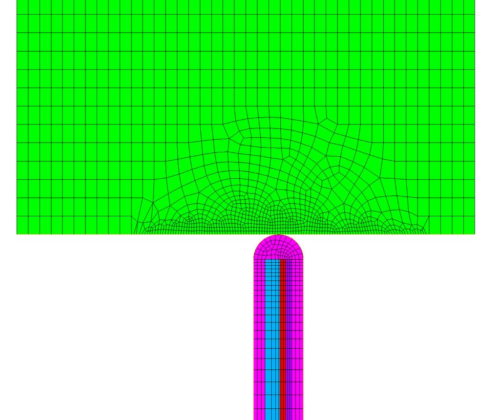 The insertion of a 4µm (diameter) tube into a 7µm (diameter) pad is simulated. Figure 5 shows the element view of the model.