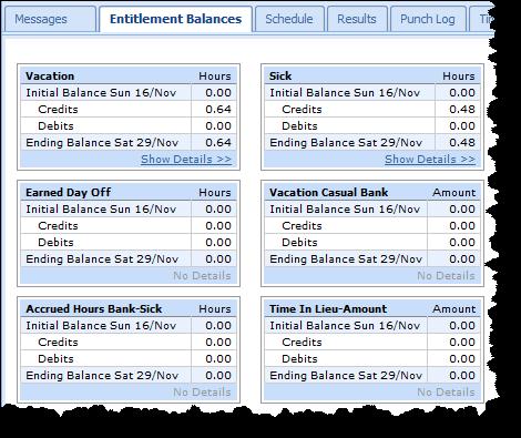 Entitlement Balances Tab The Entitlement Balances tab shows the employee s bank balances and any activity for the