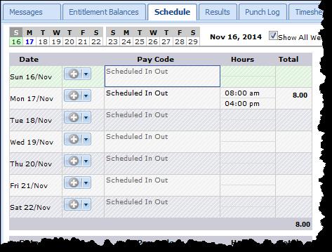 Schedule Tab The Schedule tab displays schedules. Employees have read-only rights for their schedules. Schedules are used to save time and reduce errors in your time entry.