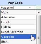 Appendix B: OOS Time Entry Entering In/Out and Elapsed Time 1. Click on a row in the Pay Code column to display the drop-down list of pay codes available to you. Select a pay code. 2.
