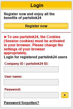 4) Enter your partslink24 Company ID, User name, and Password then click. Note: if the login box does not appear, you may have to click on the Register now link.
