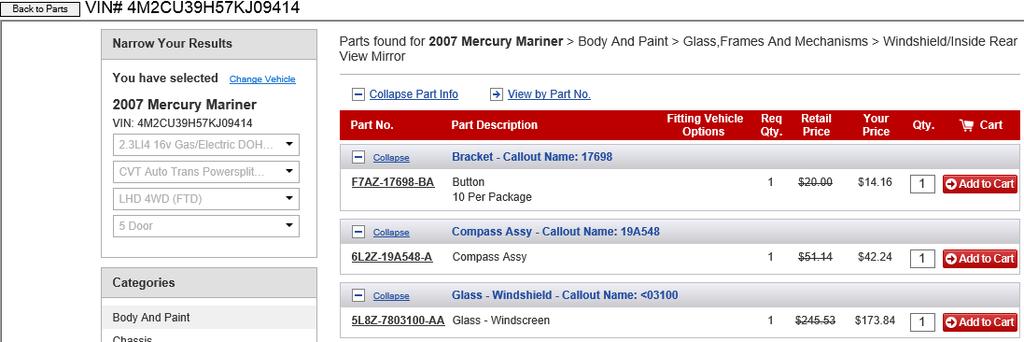 6) On the parts display screen, look in the SubCategory area for the glass component you are looking for. In this example, the windshield is under the Glass, Frames And Mechanisms subcategory.