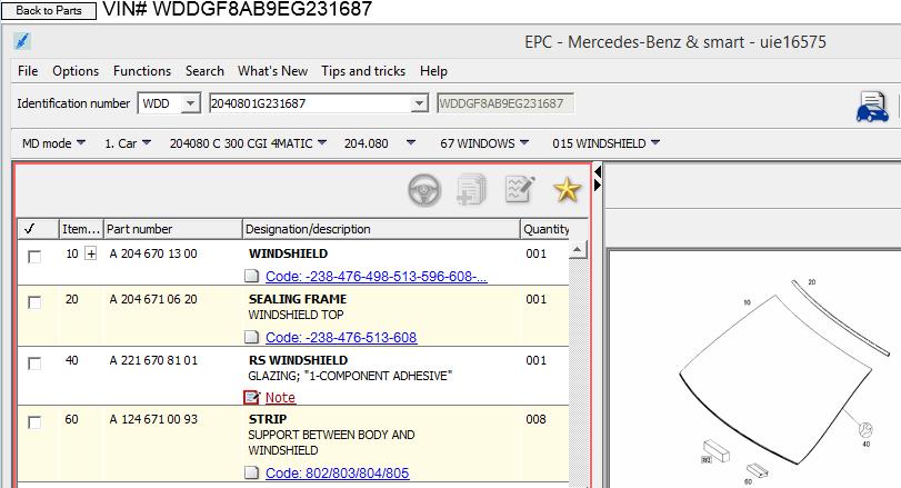 11) Once you select WINDSHIELD you will see the parts. 12) Once you have located the part, note the OE part number.