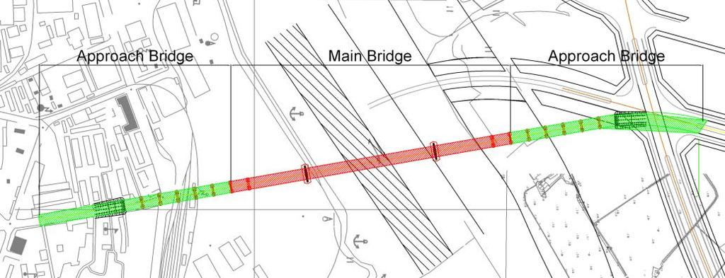 Cable-Stayed Bridge, Bridge length L=640m, Center Span 300m, Approach bridges L=785m+800m, total length 1,585m.