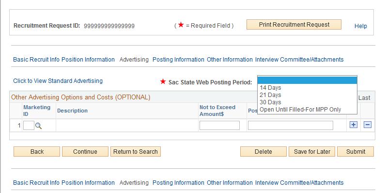 1.2 Posting Period and Advertising The Advertising page allows a department to keep track of marketing for a position.