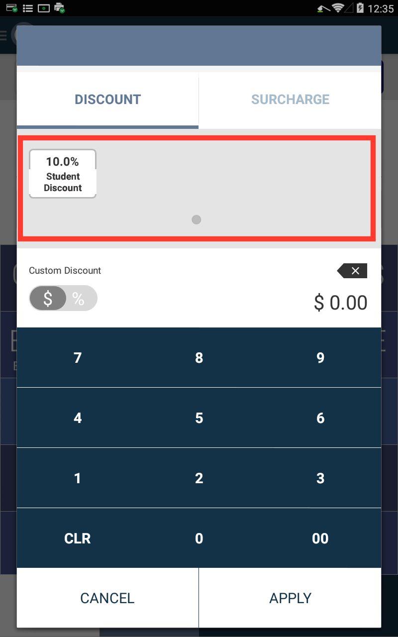 Step 2: Find and apply your already created discounts here. OR Create a custom discount using the lower half of the screen.