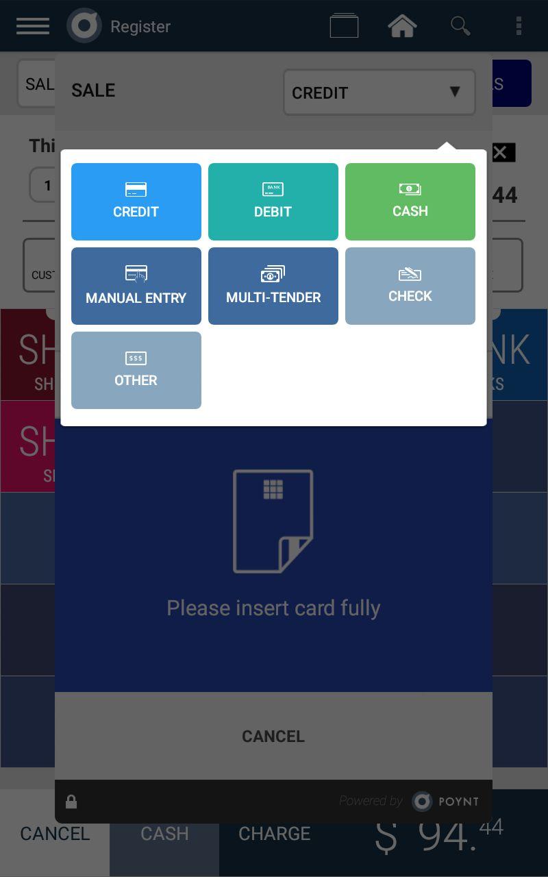 Clicking the dropdown will open a menu with different forms of payment options: Debit: Allows customer to pay with Debit card. Cash: Takes you back to the cash payment screen.