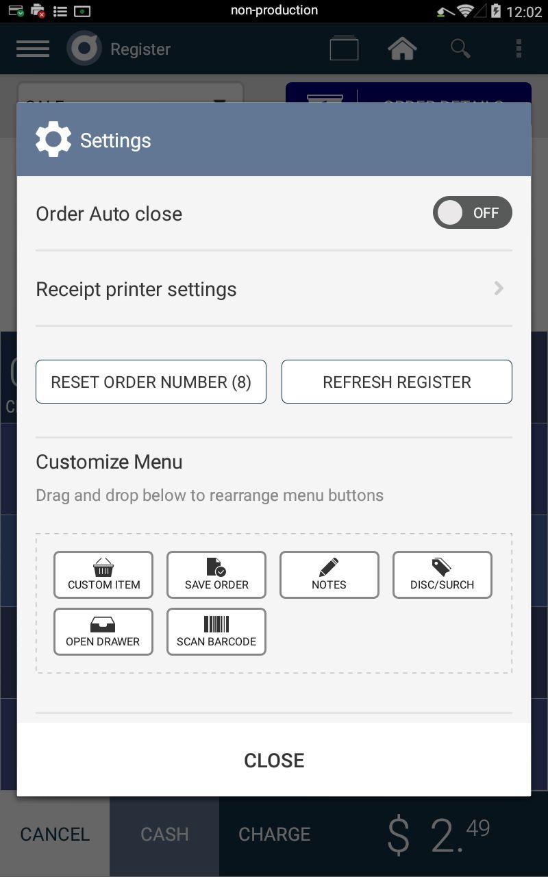 Settings: Order auto close: ON = After transaction is captured the order is closed; OFF = After transaction is captured, the order is left open - for sending to kitchen display (3rd party app).