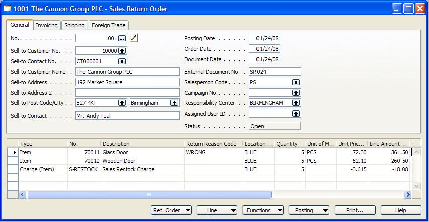 Trade in Microsoft Dynamics NAV5.0 Next, according to the compensation agreement, the order processor applies a 5% restock fee to cover the physical handling of returning the item.