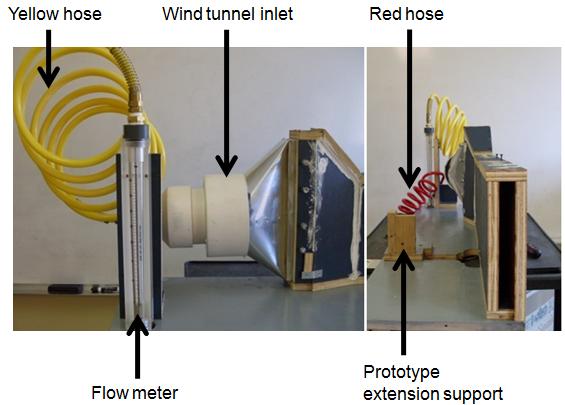 48 are connected). The air flow to the wind tunnel is provided from a pressurized air line. The red hose is connected to the air line at one end, and to the inlet of the flow meter at the other end.