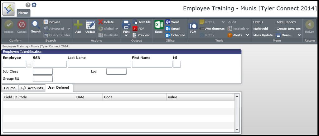 d. User Defined tab: These fields display user-defined fields assigned to the selected employee training course.