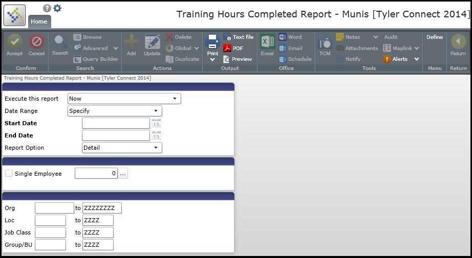 Hours Completed The Training Hours Completed program creates a report that lists the number of hours employees have completed in a defined time period, based on organization, location, job class, and