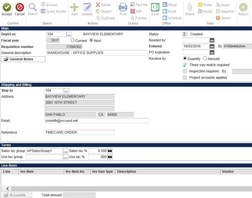 Warehouse Requisition Munis Version 11.2 21. Below is an example of what the first page should look like. 21. Click Accept, you will be transferred to the items screen.