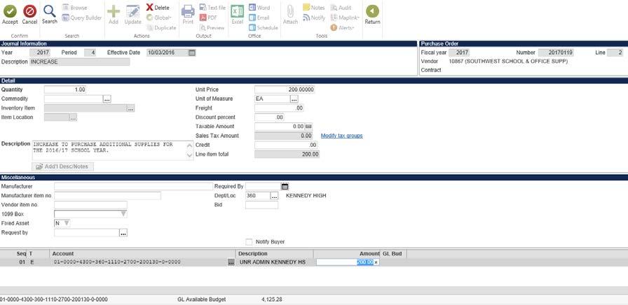 Purchase Order Change Order Munis Version 11.2 10. Tab to the Quantity box, enter 1. 11. Tab to Description, enter a reason for the blanket increase. 12.