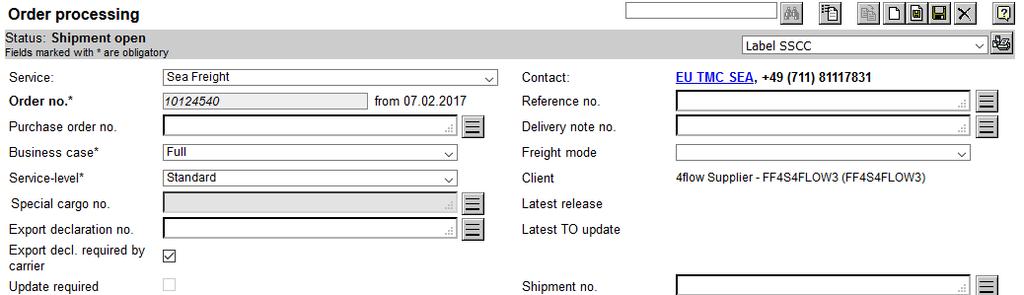 TMC Sea/Air - New process for transport ordering Step 2a: Input of MRN-no. It is obligated to add the MRN-Number (Export declaration no.) for customs processes.