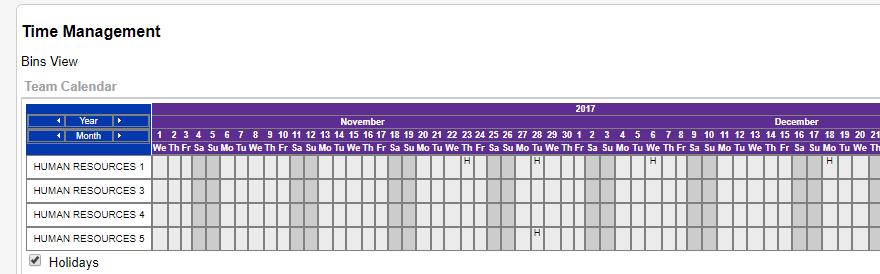 The table will indicate booked annual leave by an H on the appropriate day. You can navigate through the months by selecting the arrow next to Year and Month.