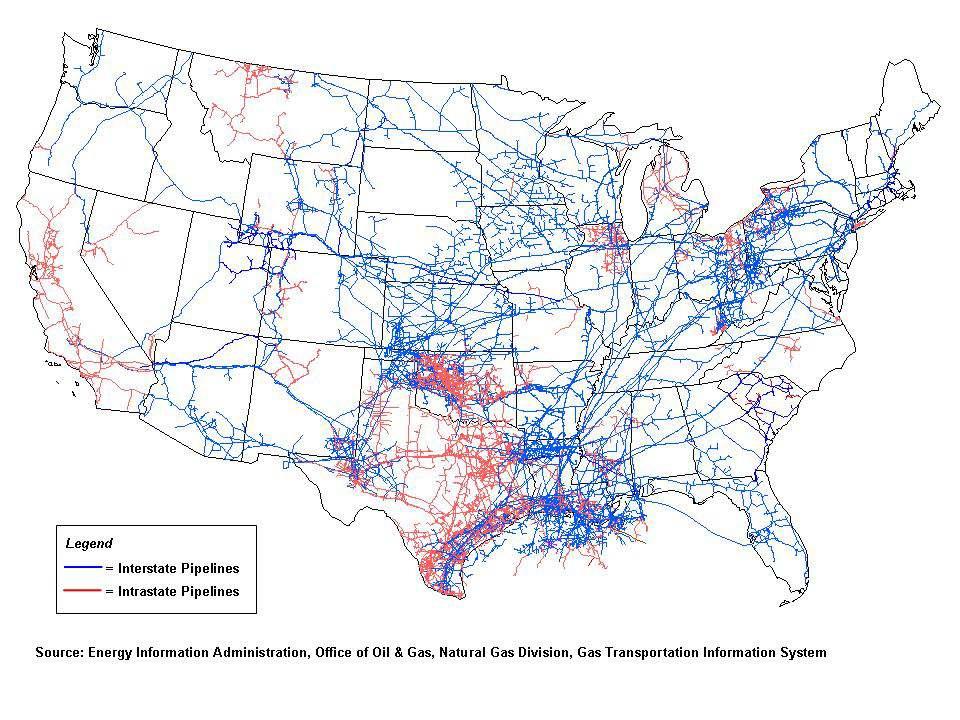 Natural gas transportation is completely dominated by pipelines in the United States, where they account for 98% of all gas movements Map of the inter and intrastate trunk pipeline network