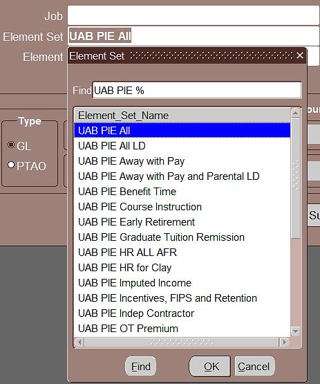Data may also be filtered according to the Element Set. The default, UAB PIE ALL, includes all pay elements.