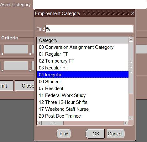 Use the Assignment Category (Asmt Category) parameter to limit report information to a specific employment category.