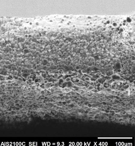 2: SEM cross sectional micrographs of multi-layer webs with different number of layer: a) 2-layer, b) 3-layer web and c)4-layer web; PCL layer is