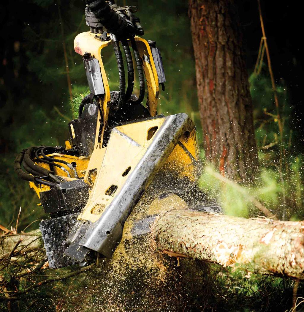 Cutting John Deere harvester heads are equipped with the SuperCut 100 saw unit that efficiently manages the frequent crosscutting of stems required in CTL logging.
