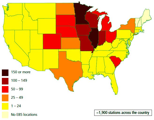 30 Figure 6. E85 Refueling locations by state (RFA 2009). A long term objective for biofuel applications in the United States aims to displace 30% of the 2004 gasoline use (3.