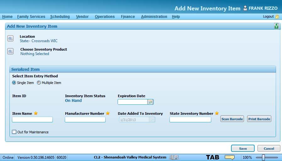 Adding Inventory 1. From the Home screen, go to Operations Inventory Search Product Inventory. The Search Product Inventory screen displays. 2. Click Add New Item. 3.